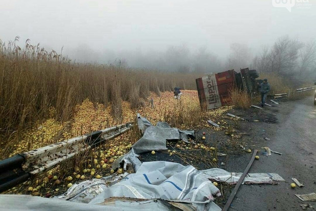 На Запорожье фура из-за ДТП рассыпала на дороге 20 тонн яблок