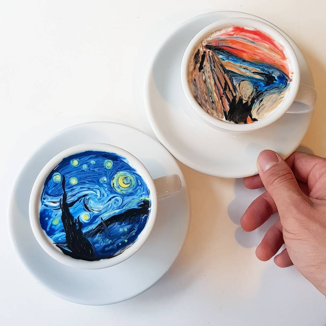 Бариста, Южная Корея, Ван Гог, рисунки кофейной пенке, рисунки на кофе