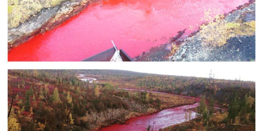 В российском Норильске река окрасилась в красный цвет