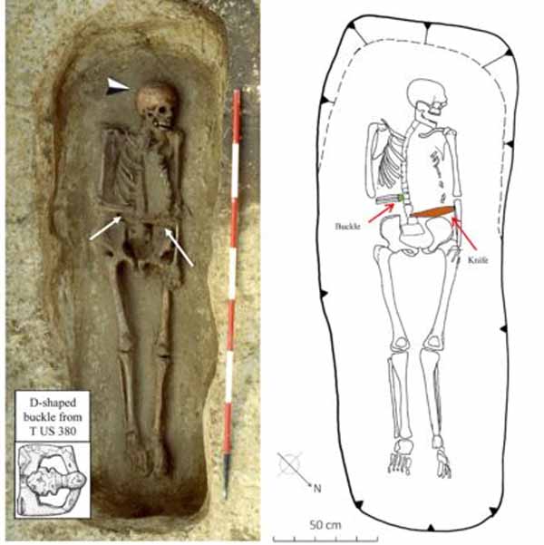 Археологи, скелет мужчины, Италия, рука-нож