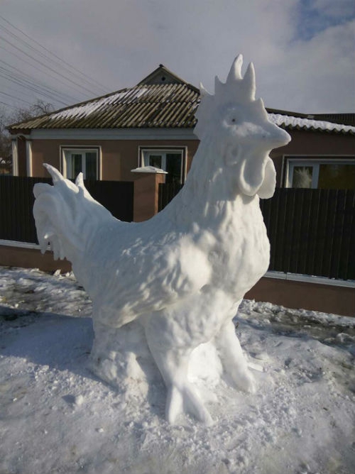 снег, скульптура, петух