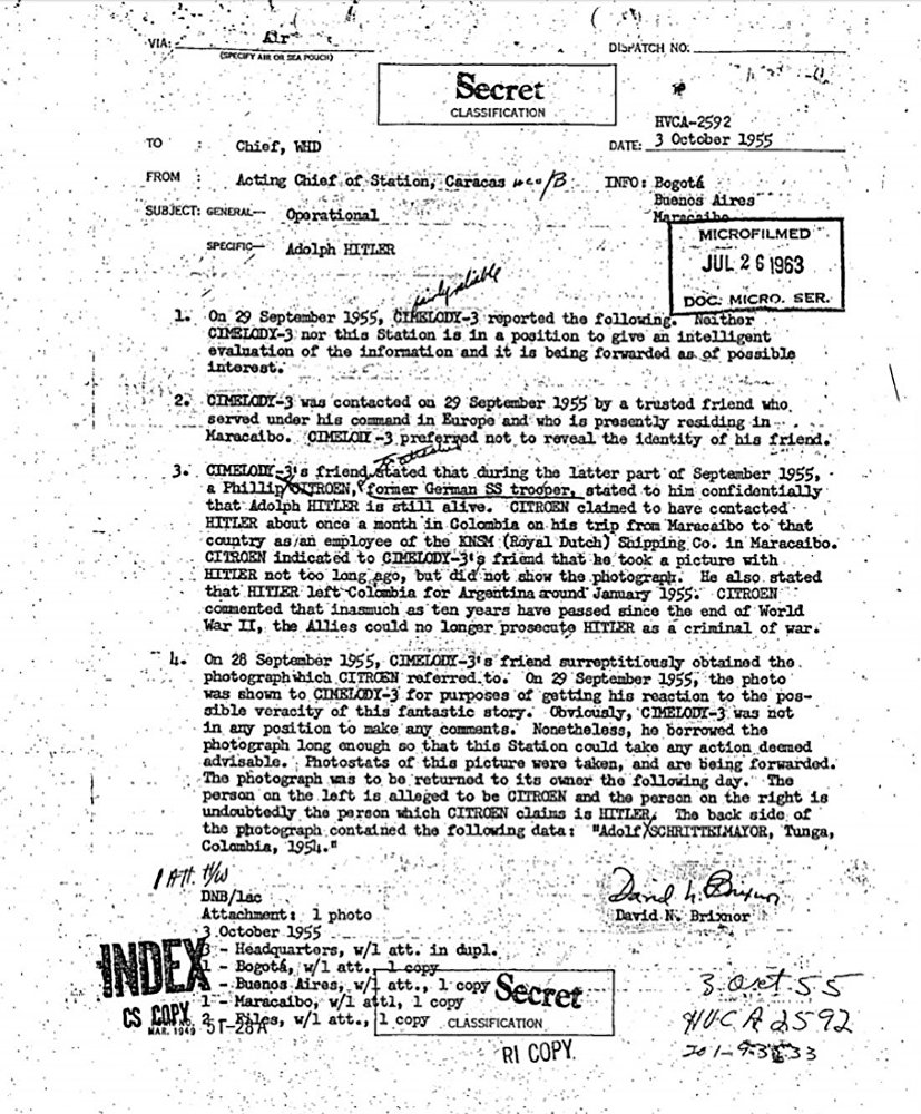 Гитлер, самоубийство, Колумбия, имитация, архив ЦРУ 